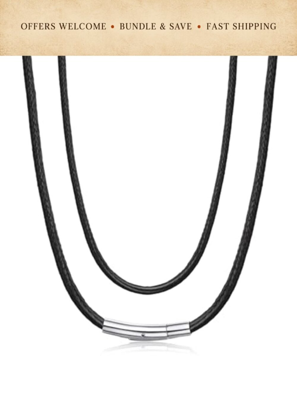 Mens Waxed Cord Necklace 2mm Braided Rope Stainless Steel Clasp 26 Inch